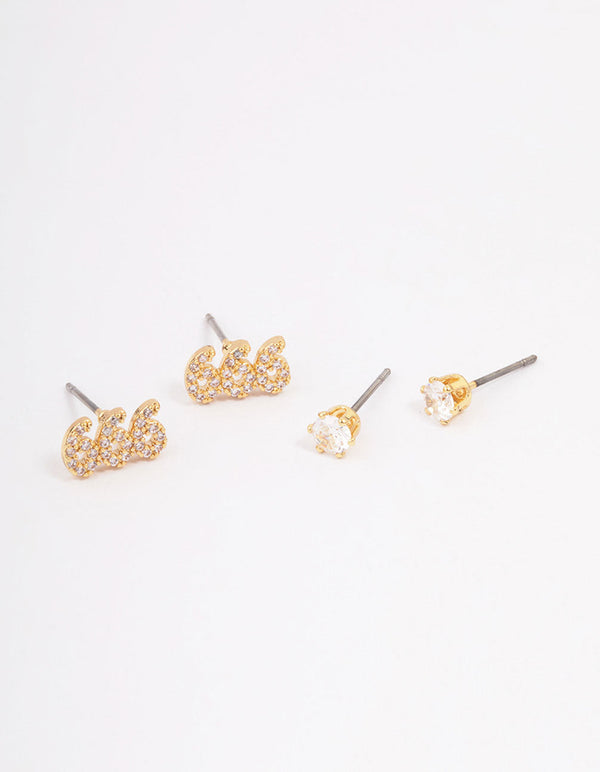 Gold Plated Cubic Zirconia Angel Number 666 Stud Earring Pack