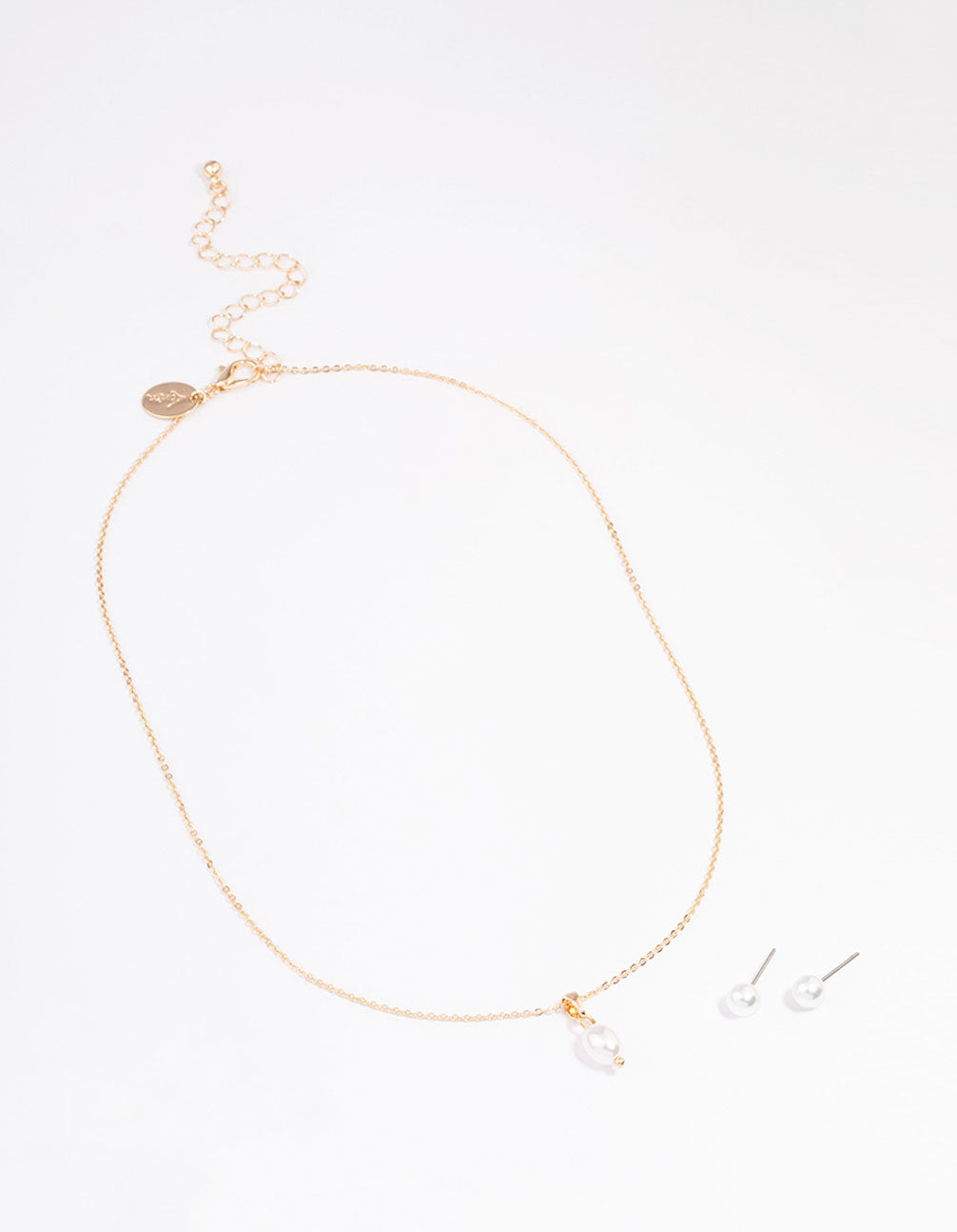 Gold Pearl Stud Earring & Necklace Set