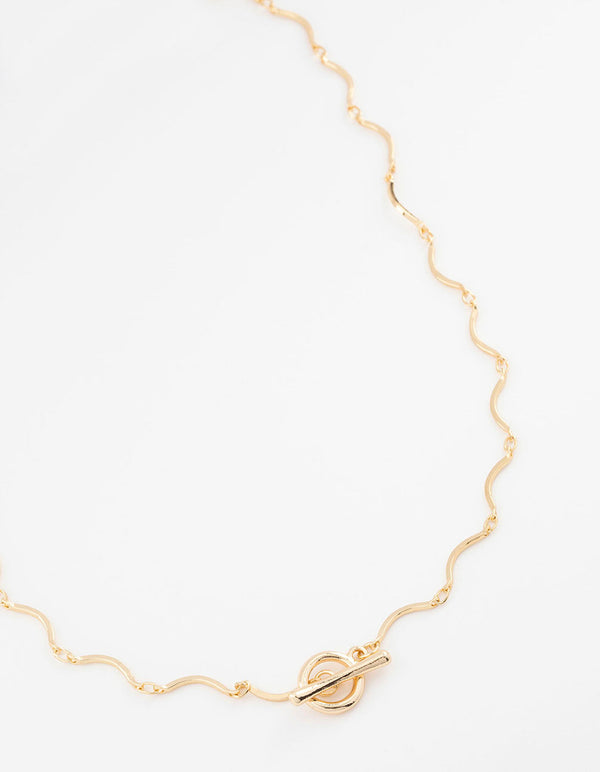 Gold Plated Wavy FOB Chain Necklace