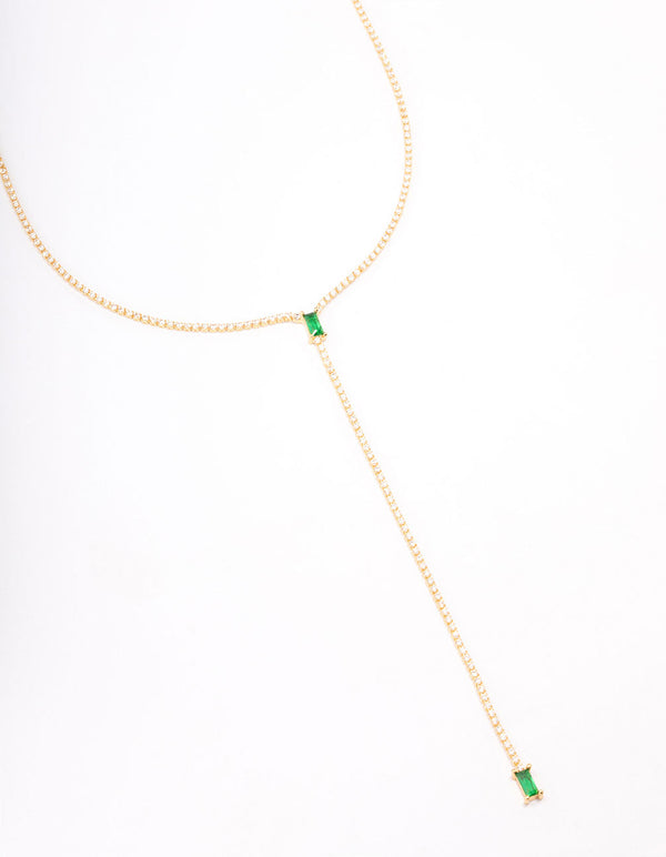 Gold Plated Cubic Zirconia Baguette Emerald Y-Shaped Necklace
