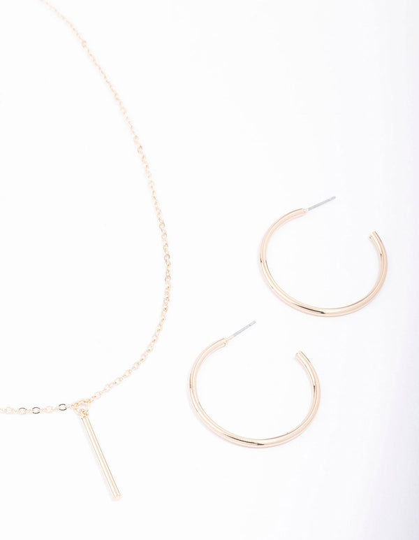 Gold Slim Stick Necklace & Earrings Jewellery Set
