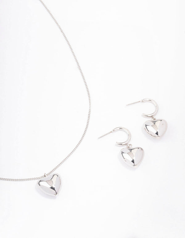 Rhodium Bold Heart Necklace & Earrings Jewellery Set