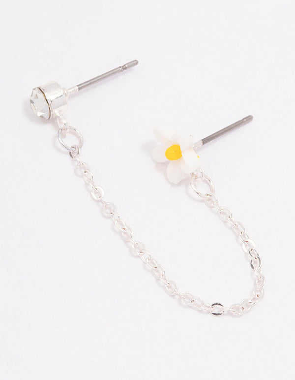 Silver Flower Diamante Stud Chain Earrings