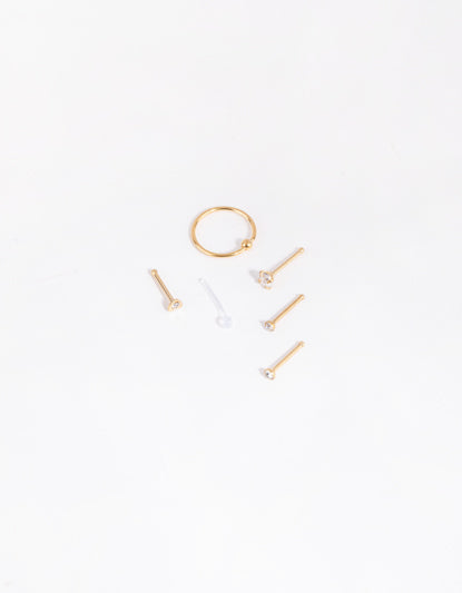 Gold Surgical Steel Mix Stud Ring Nose 6-Pack